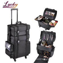 Black 2 in 1 Soft Rolling Makeup Travel Train Case Cosmetic Organizer Beauty Trolley Storage Box Nylon